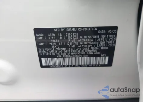 2025 Subaru Outback Limited z USA, uszkodzony, nr VIN 4S4BTANC6S3271781